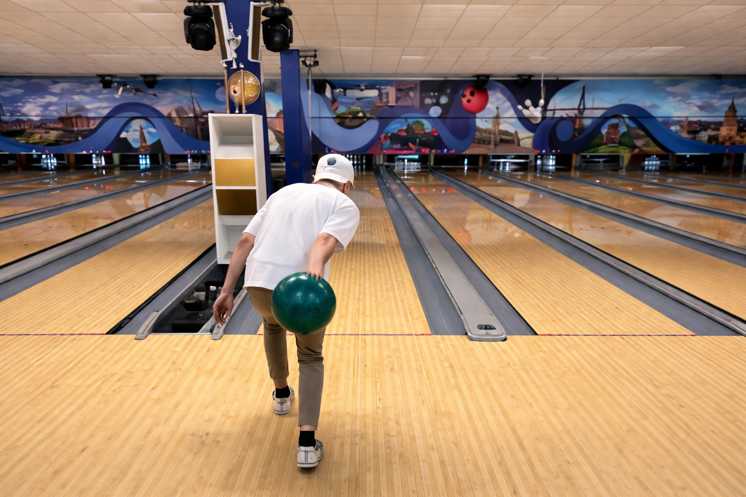Bowler in vibrant alley setting